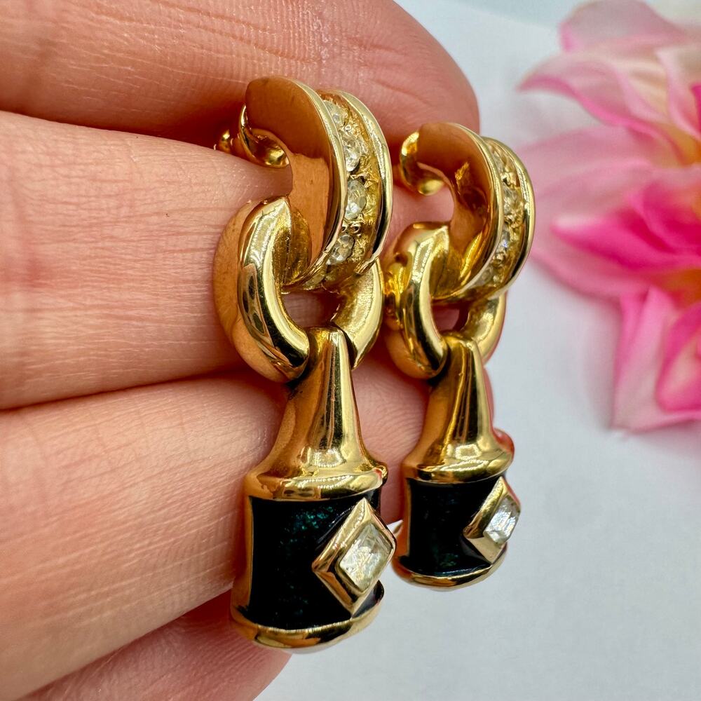 Vintage Piscitelli Blue Guilloche Door Knocker Earrings Gold Tone Rhinestones - Picture 5 of 10